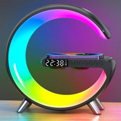 Multifunctional alarm clock with night light, bluetooth speaker, RGB desktop charger.