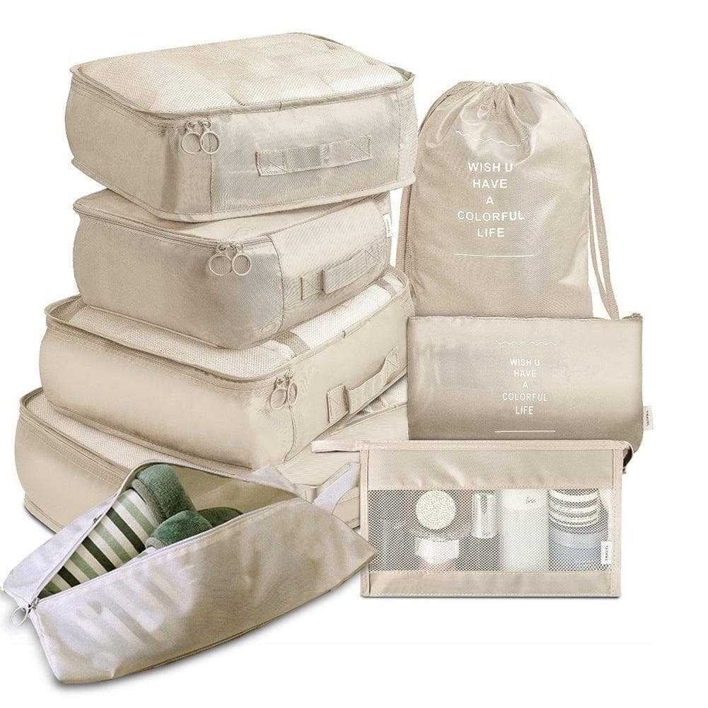 Beige / 8 piece set 8-piece Set Luggage Divider Bag Travel Storage Clothes Underwear Shoes Organizer Packing Cube Bag