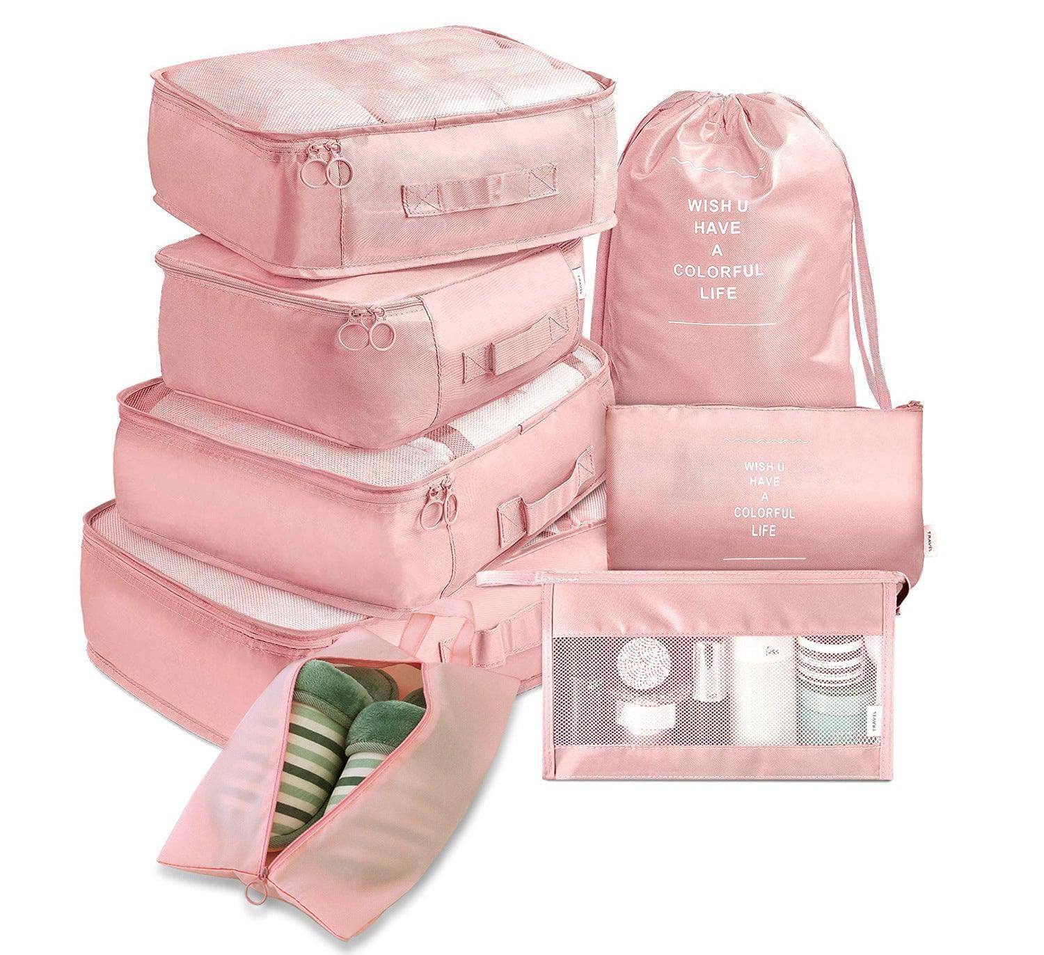 Pink / 8 piece set 8-piece Set Luggage Divider Bag Travel Storage Clothes Underwear Shoes Organizer Packing Cube Bag