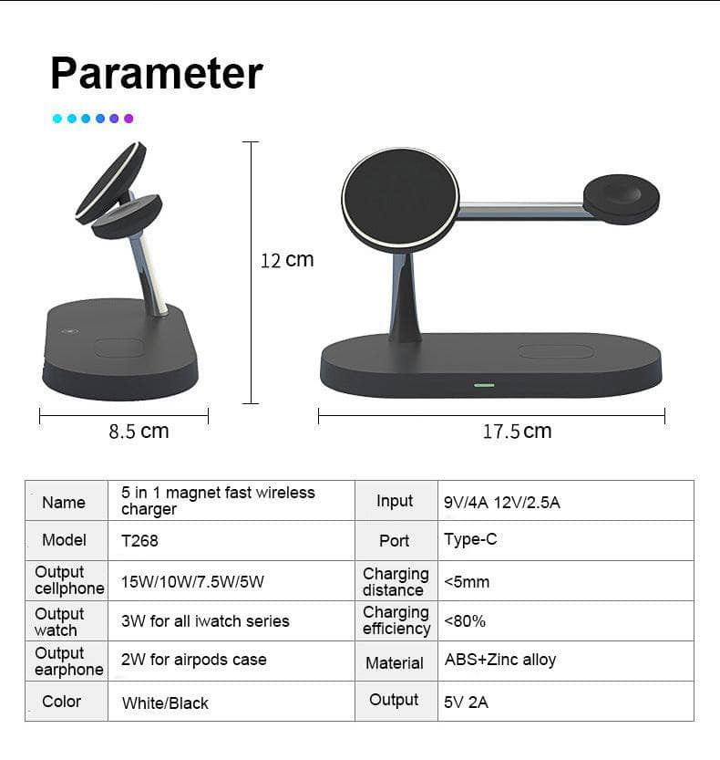 Supporto caricabatteria da tavolo per telefono cellulare con ricarica wireless magnetica multifunzionale 5 in 1, Caricabatterie rapido da 15 W.