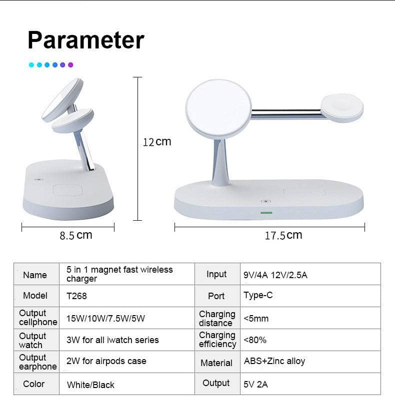 Supporto caricabatteria da tavolo per telefono cellulare con ricarica wireless magnetica multifunzionale 5 in 1, Caricabatterie rapido da 15 W.