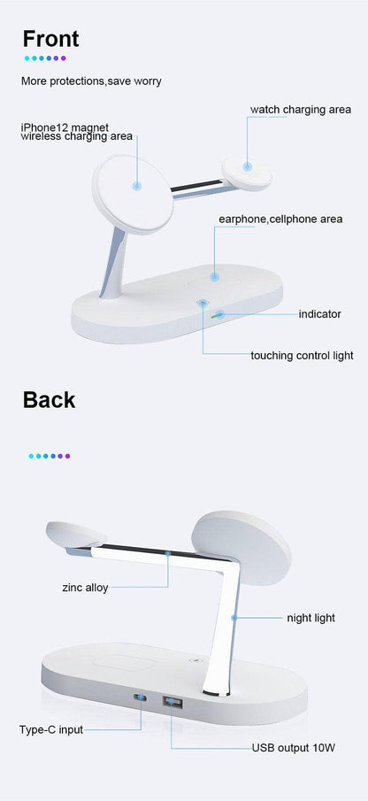 Supporto caricabatteria da tavolo per telefono cellulare con ricarica wireless magnetica multifunzionale 5 in 1, Caricabatterie rapido da 15 W.