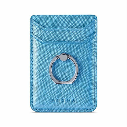 Leather-Blue Portacarte di credito, ideale per donna e uomo con sticker per smartphone.