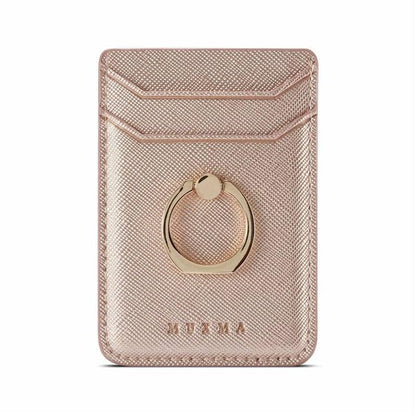 Leather-Rose Gold Portacarte di credito, ideale per donna e uomo con sticker per smartphone.