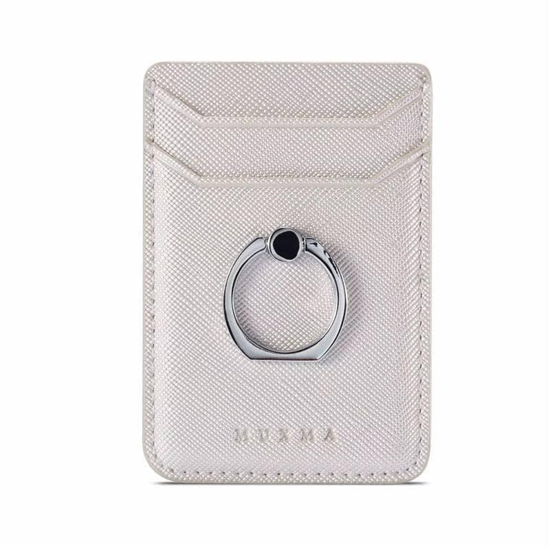 Leather-White Portacarte di credito, ideale per donna e uomo con sticker per smartphone.