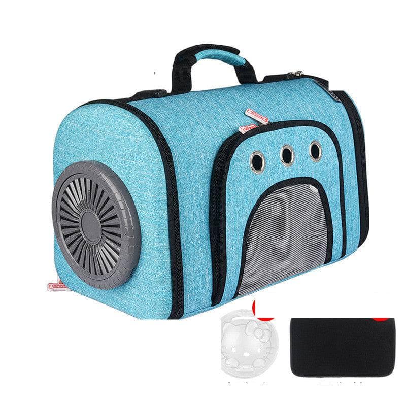 Blue Pet Out Bag With Fan Side Mesh Ventilation