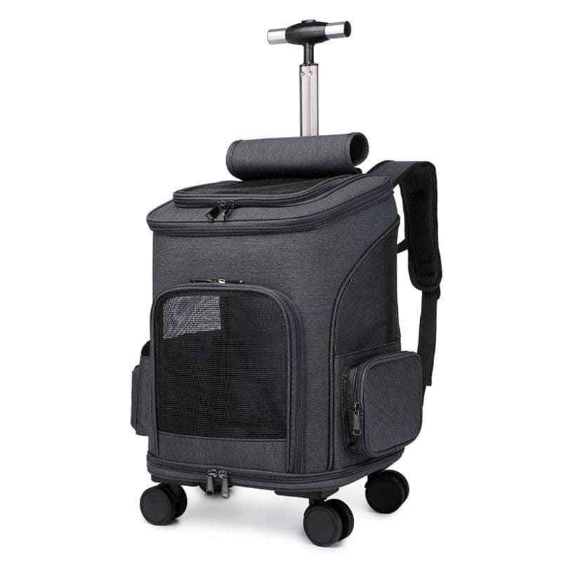 Dark Grey Portable Folding Trolley Pet Backpack Traveling Cat Backpack With Universal Wheel Trolley Pet Bag