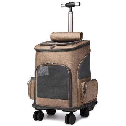 Khaki Portable Folding Trolley Pet Backpack Traveling Cat Backpack With Universal Wheel Trolley Pet Bag