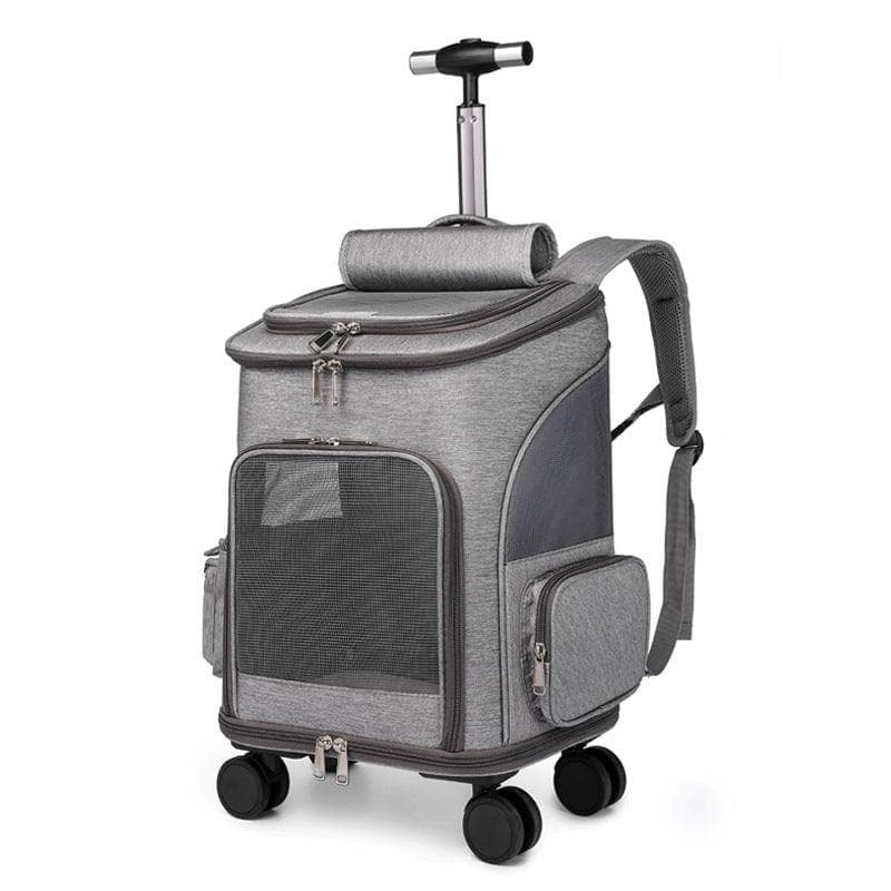 Light Grey Portable Folding Trolley Pet Backpack Traveling Cat Backpack With Universal Wheel Trolley Pet Bag